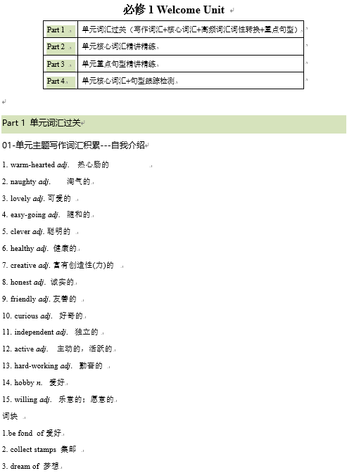 必修一  Welcome Unit核心单词+重点句型筑基讲义 -2025年新高考英语一轮总复习筑基培优方案（人教版2019）