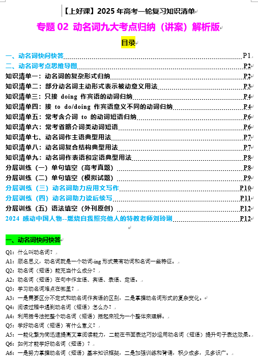 专题02 动名词九大考点归纳（讲案）【上好课】-2025年高考英语一轮复习知识清单（全国通用）